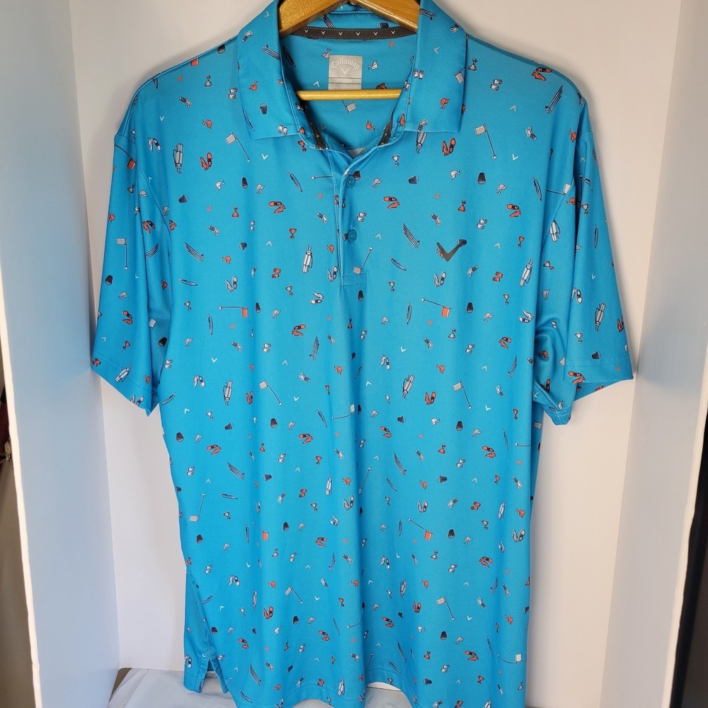 Callaway Opti-Dri Mens Blue Golf Equipment Novelty Print Polo Shirt Large